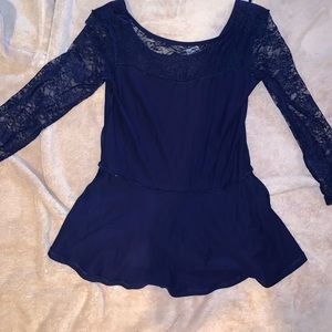 Express blue peplum lace long sleeve shirt
